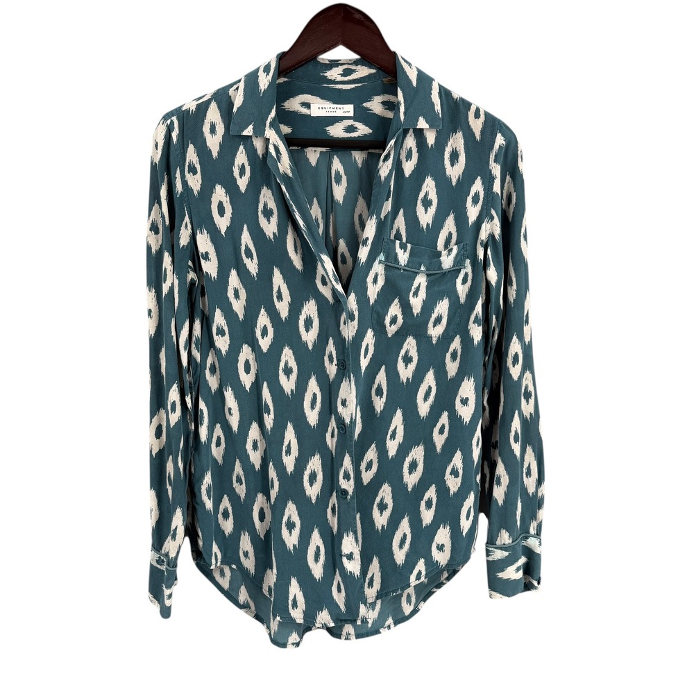 Equipment Femme 100% Silk Button Front Shirt XS Teal‎ Ikat Print Long Sleeve